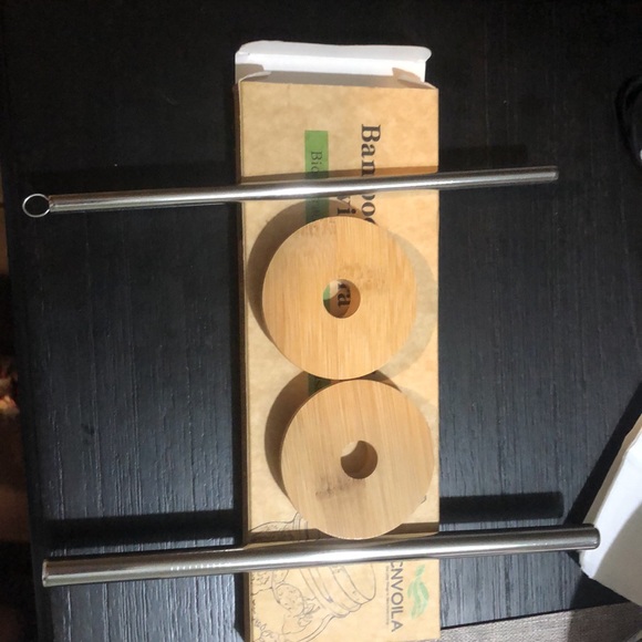 Bamboo Mason Jar Lids with Straw Set - Picture 2 of 3